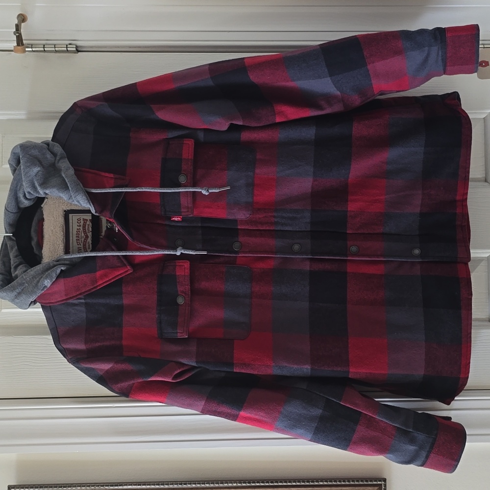 LEVI'S MENS RED, GRAY & BLACK WARM CHECKERED HOODED JACKET SIZE SMALL